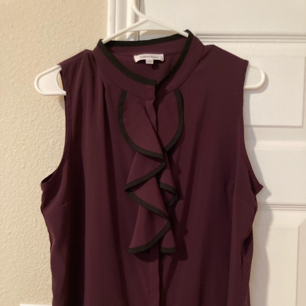 Calvin Klein Sleeveless Piped-Ruffle Button-Up Blouse